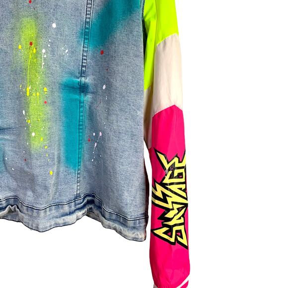 Encrypted Jean Jacket Womens M Blue Denim Graffiti Streetwear Sleeves 1980s - Picture 7 of 11